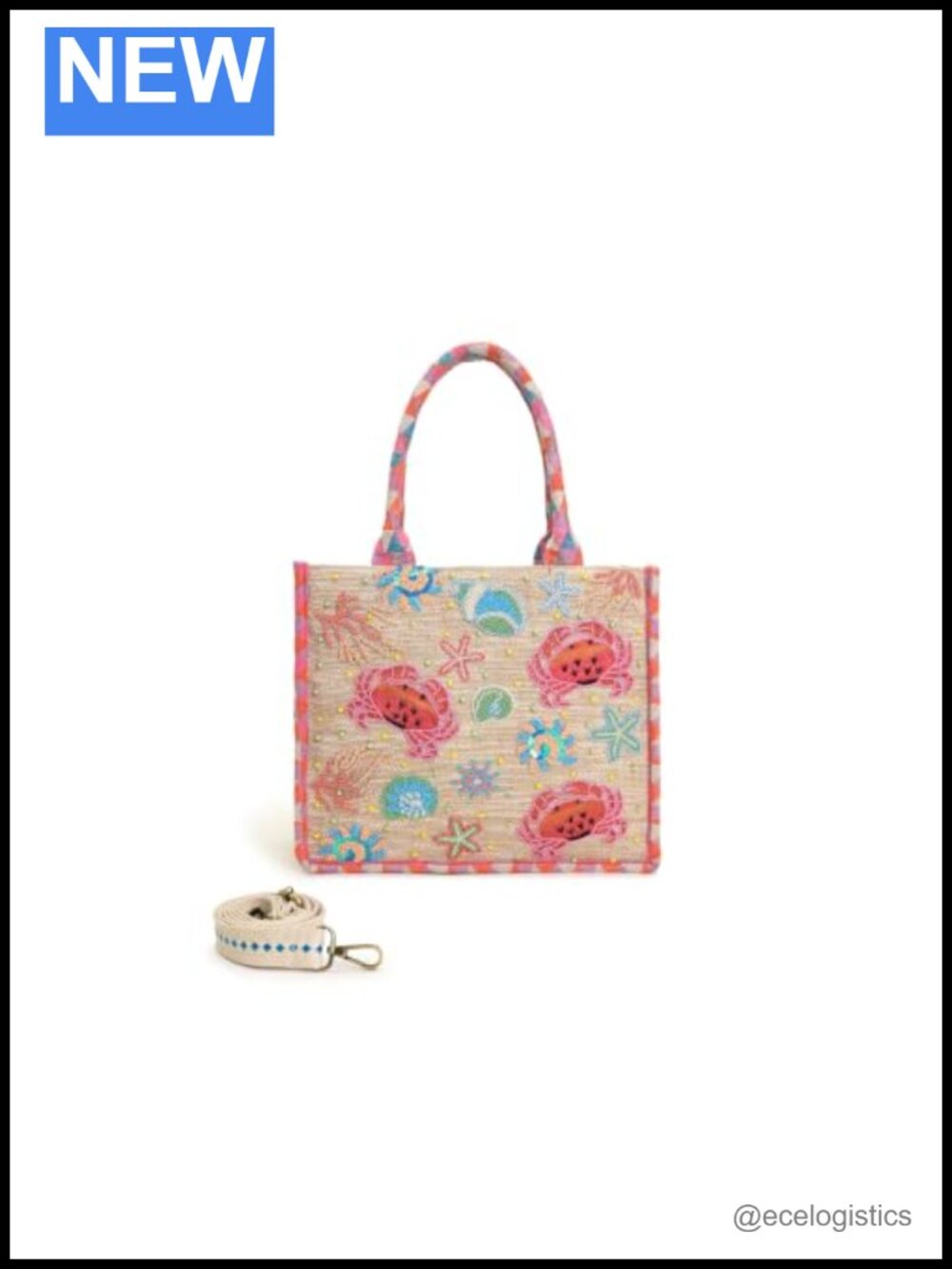 Crab Beaded Tote Bag with Crossbody Strap - Coastal